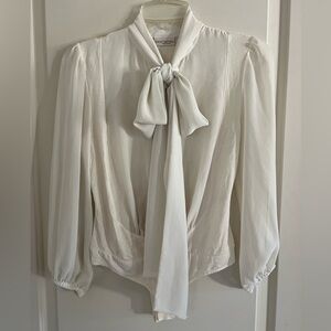 New York & Company Ivory Button Down Tie Neck Bodysuit in EUC Size Extra Small